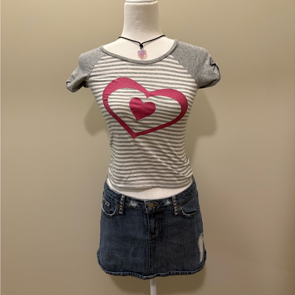 Grey and white striped sparkly pink heart baby tee